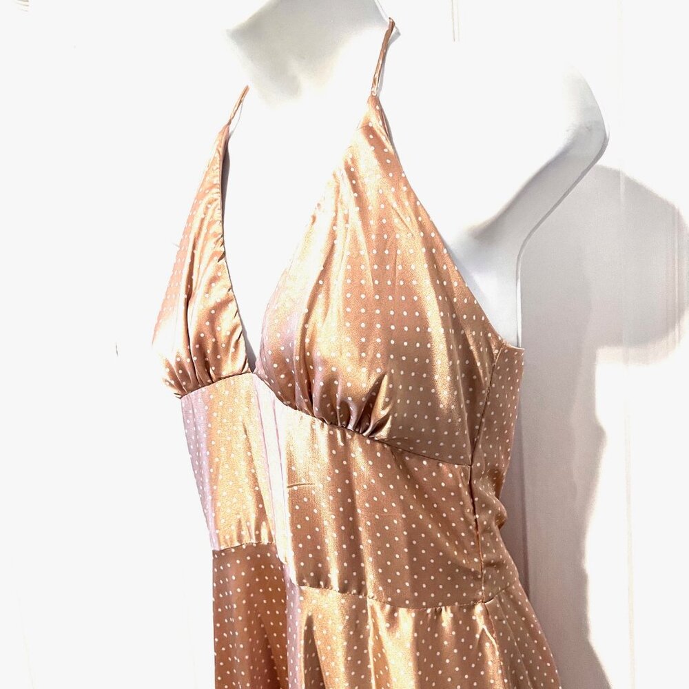 Alyn Paige-Women's Size 5/6 Jrs.-Halter Polka Dot Flowy Satin Feel Dress-Tan/Wh - Picture 6 of 15